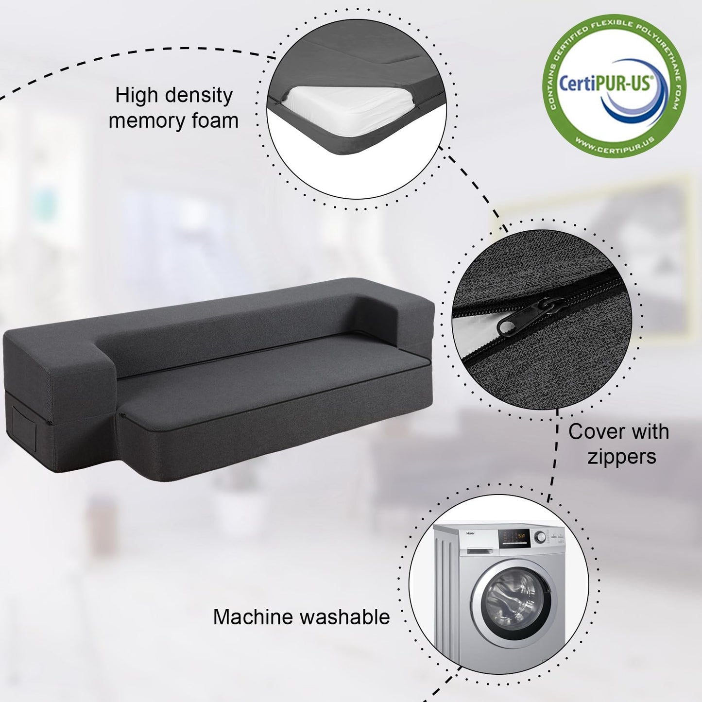 HonTop 8 Inch Folding Sofa Bed Couch, Queen Size Memory Foam Convertible Futon Sleeper Chair for Bedroom Living Room Guest, No Assembly Fold Out Sofa, Dark Grey
