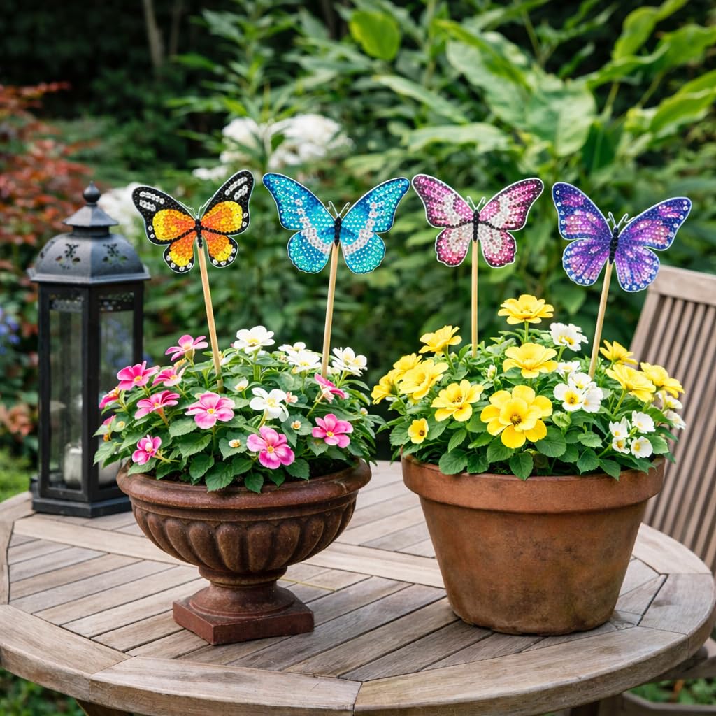 BEAUTYMEHNDI STORE 8 Pack Diamond Art Butterfly Plant Stakes β DIY Mini Diamond Painting Kit for Adults, Garden Decor, Partial Drill Jewel Art, Small Craft for Indoor & Outdoor Plants Adult