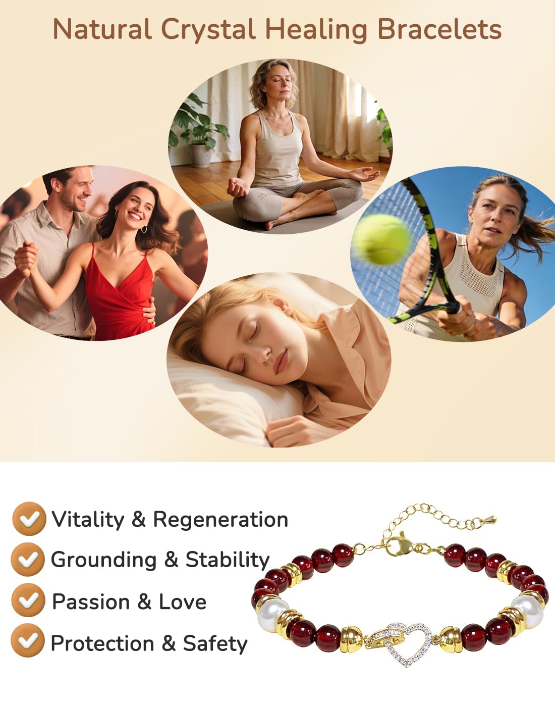 YEETONDA Four Leaf Clover & Heart Natural Gemstone Rainbow Bracelets Jewelry 16th 21st 30th 40th 50th 60th 70th 80th Birthday Gifts For Women Mom Sister Friend Daughter Niece(Garnet)