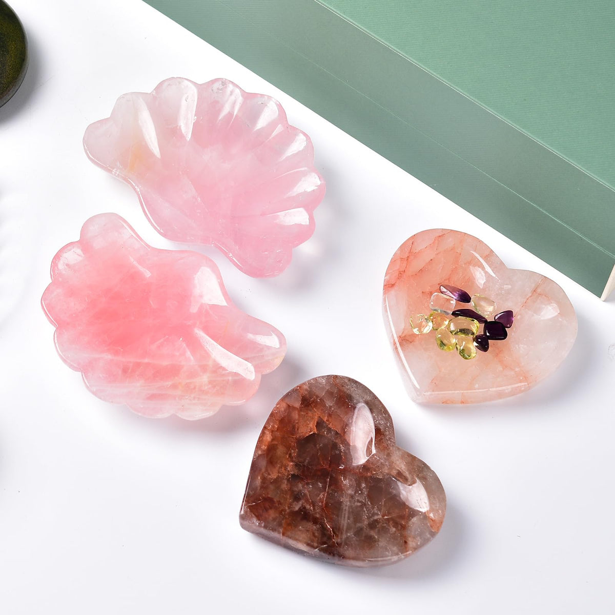 JIC Gem Natural Crystal Bowl Red Hematoid Quartz Heart Shape Healing Crystal Stone Decorative Bowl Jewelry Tray Home Office Decor
