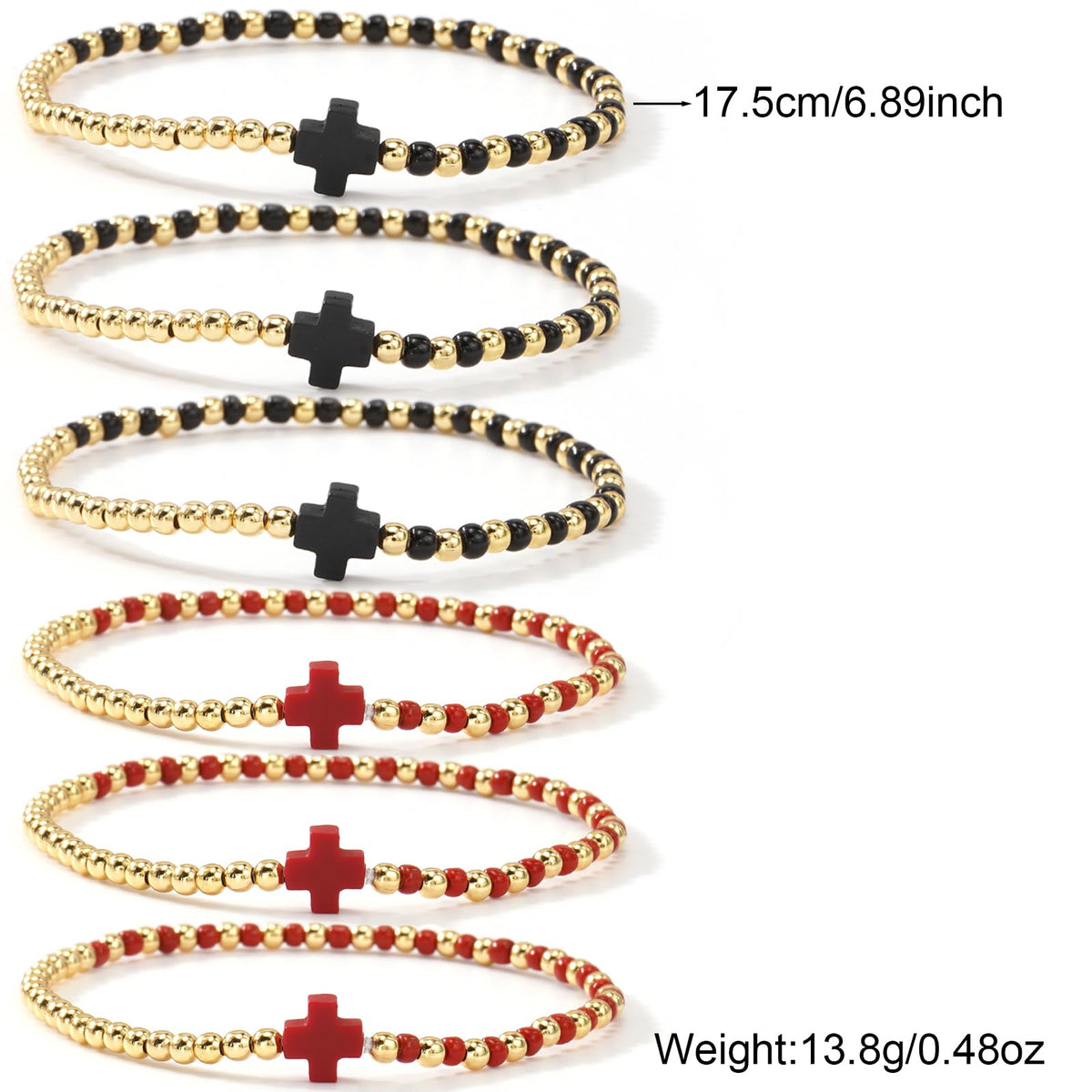 Bohxantium Gold Beaded Bracelets for Women Stackable Boho Gold Plated Red Black Seed Beads Ball Cross Bracelets Stack Elastic Stretch Trendy Jewelry Accessories Non Tarnish Friendship Christian Gift