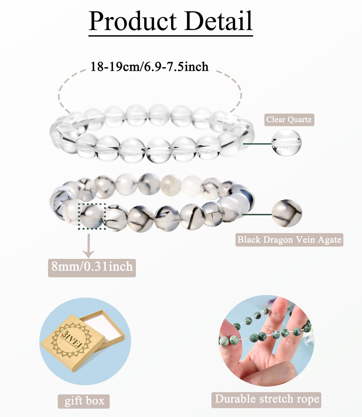 Bivei Natural Gemstone Semi Precious Crystals Handmade Stretchy Round Beads Bracelet, Enhance Positive Energy,Stocking Stuffers for Women(Clear Quartz & Dragon Vein Agate(Master Healer) Medium)
