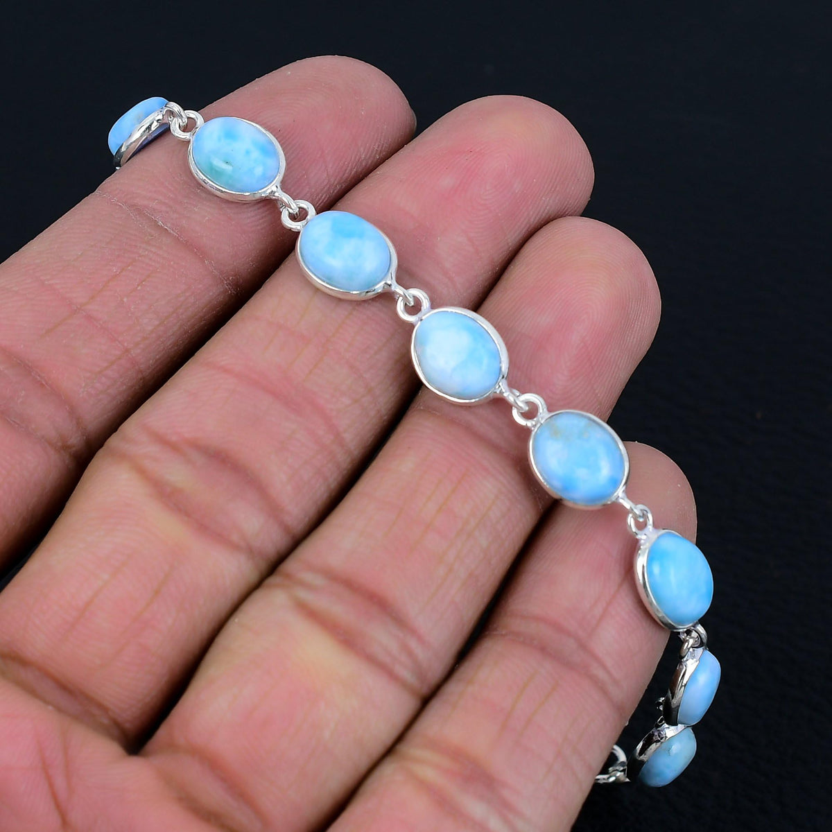 Silver Palace 925 Sterling Silver Natural Larimar Gemstone Link Tennis Bracelet Gift For Unisex 7 Inch To 8 Inch