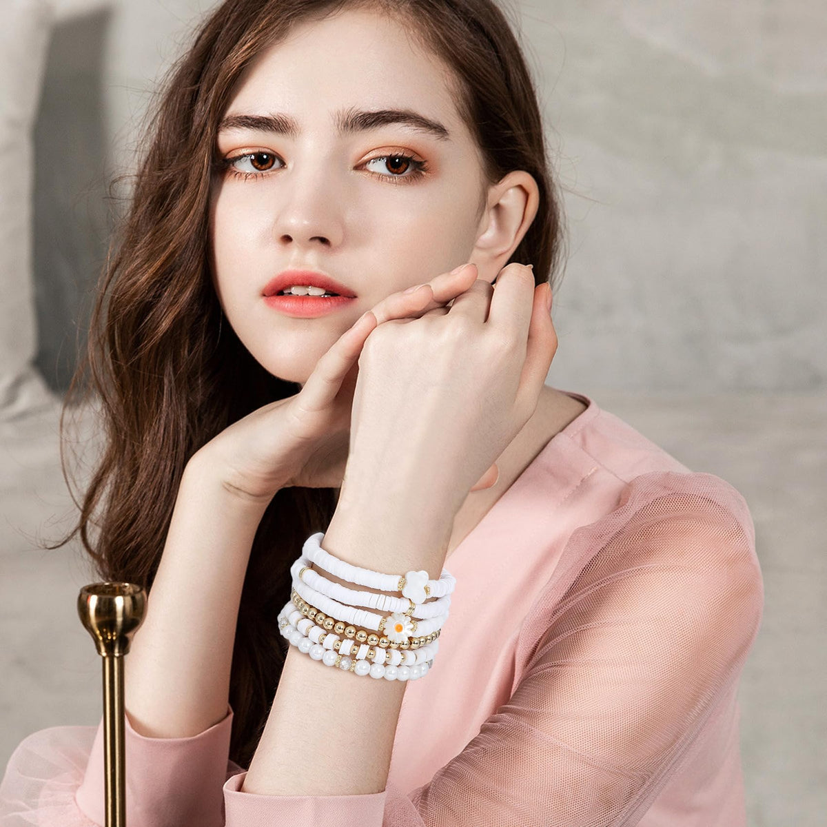 GOOJIDS White Surfer Heishi Clay Bead Bracelets for Women Bohemian Stackable Gold Beaded Stretch Bracelets Elastic Layering Friendship Bracelets Set Boho Jewelry