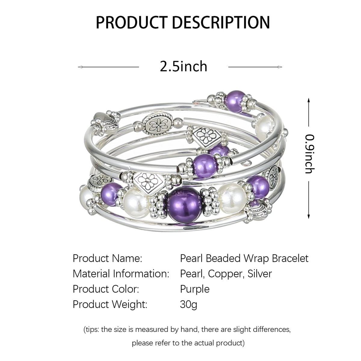 FULU AUTUMN Beaded Pearl Bangle Bracelets for Women Silver Wrap Bangles Bracelet Womens Costume Jewelry Fashion Gift(18-Purple)