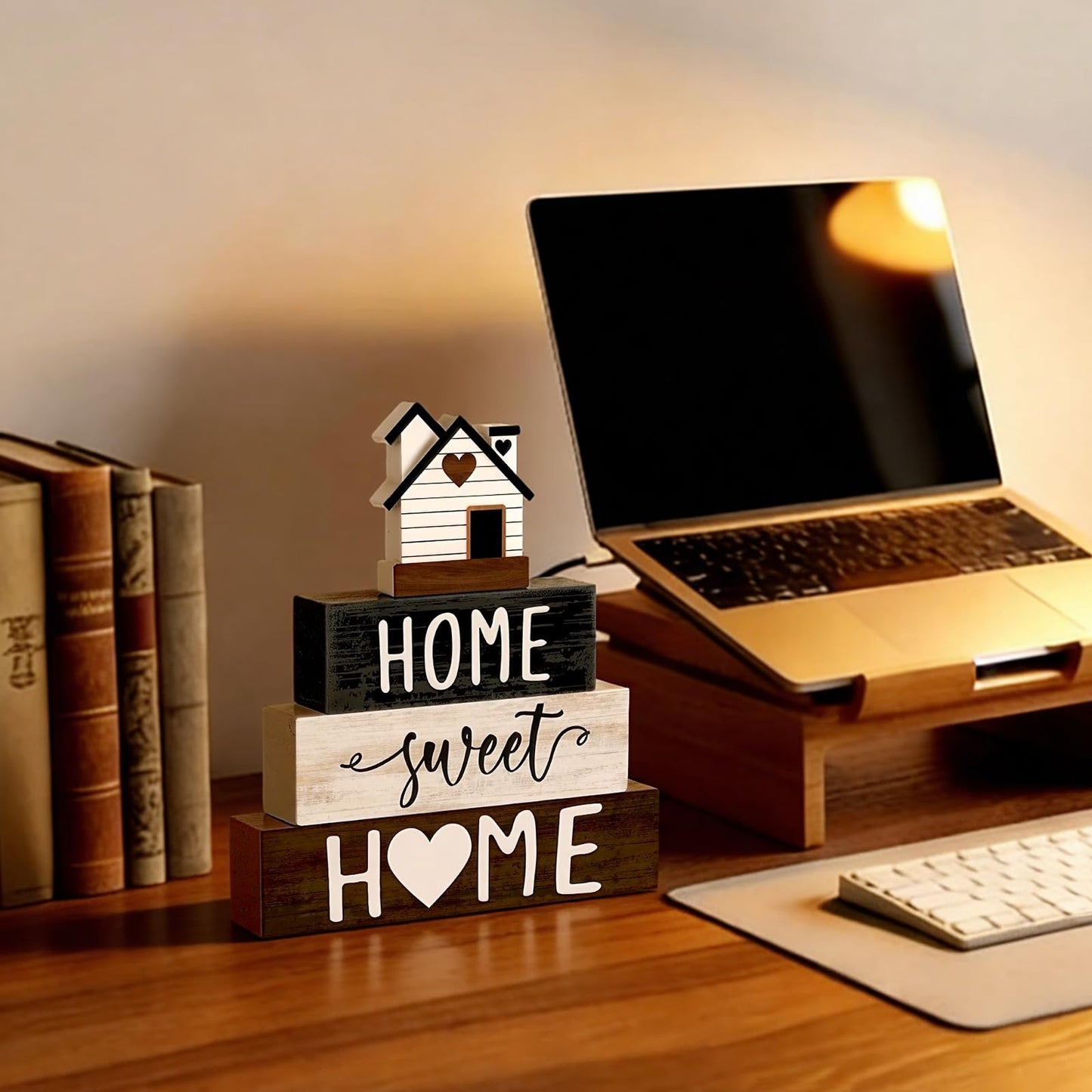 Cinnvoice 4 Pcs Woodhouse Wooden Block Decor Farmhouse Tiered Tray Signs Home Sweet Home Tabletop Centerpiece for Kitchen Shelf Decoration Housewarming Gifts