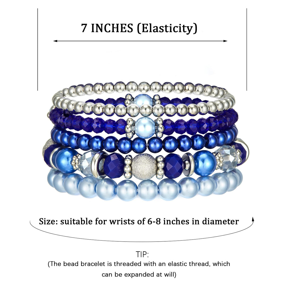 Noessla Beaded Pearl Stretch Bracelet Silver Stackable Crystal Beads Bracelets Trendy Costume Jewelry Mothers Day Gifts for Women(Sapphire)