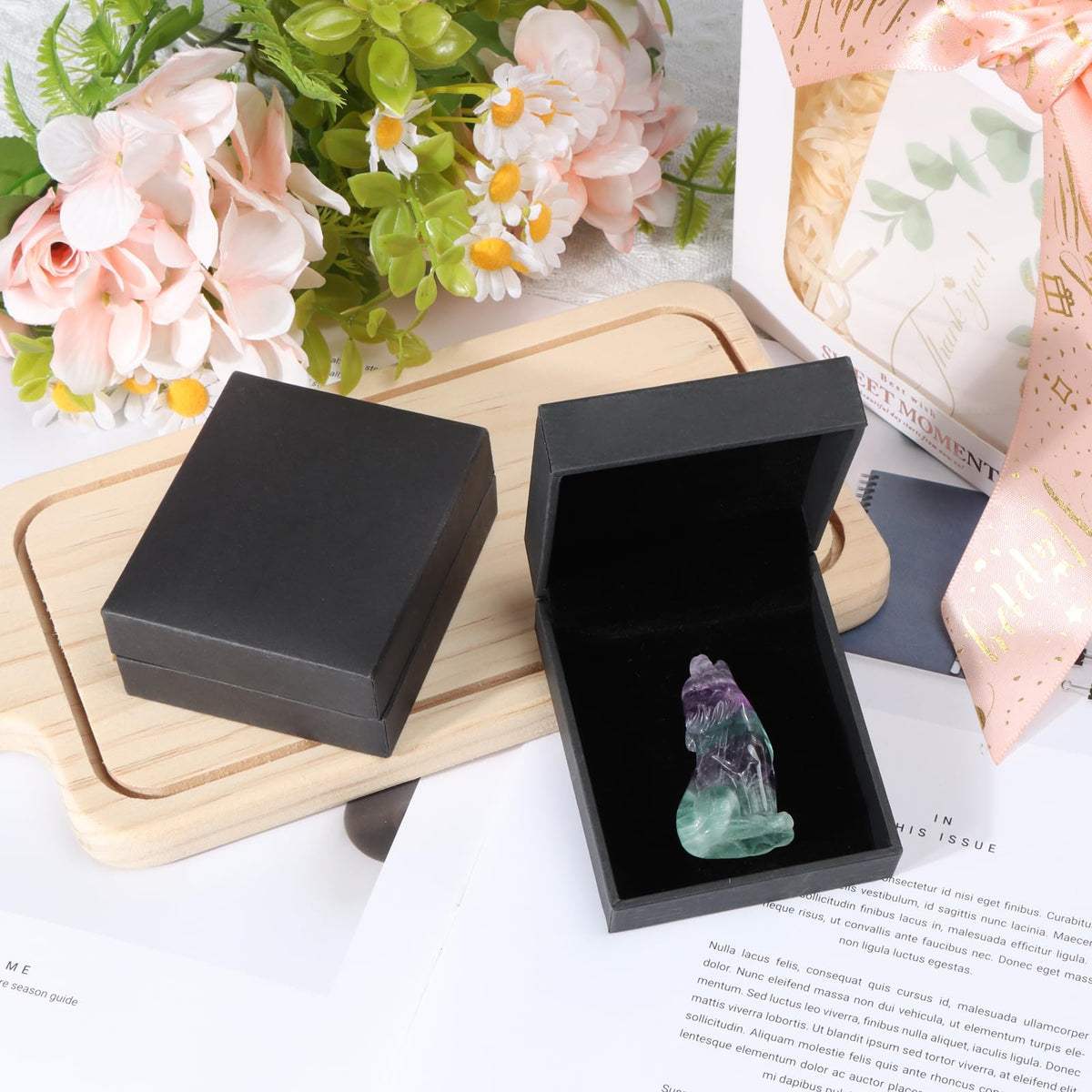 Artistone Rainbow Fluorite Head Up Wolf Statue 2" Howl Wolves Figurine Decor Ornament for Home Table Centerpiece Ornament Healing and Crystal Stone Pocket Animal Sculpture with Gift Case