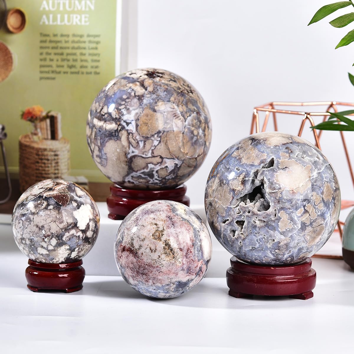 JIC Gem Large Blue Cherry Blossom Agate Crystal Ball with Stand Crystal Sphere Natural Sakura Flower Agate Stone Reiki Healing Meditation Witchcraft Home Decor 2.7-3.1 inch(70-80mm)