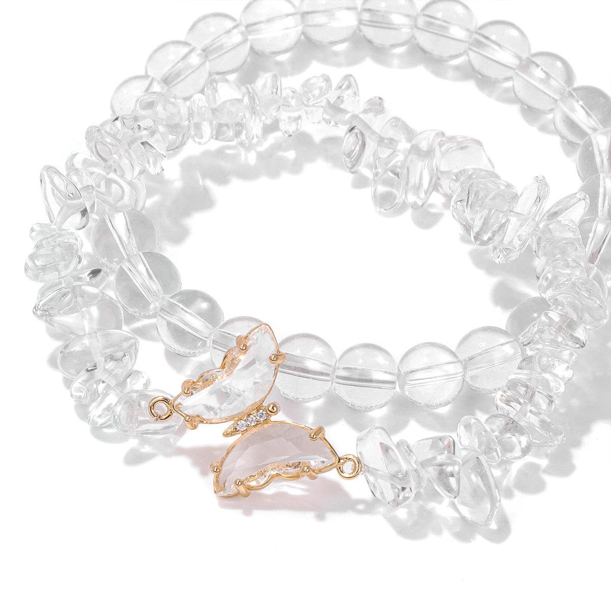 GolbalJew Clear Quartz Bracelet for Women Healing Crystal Stone Bracelets Clear Gemstone Beads Stretch Bracelet Butterfly Charms Jewelry Women Gift