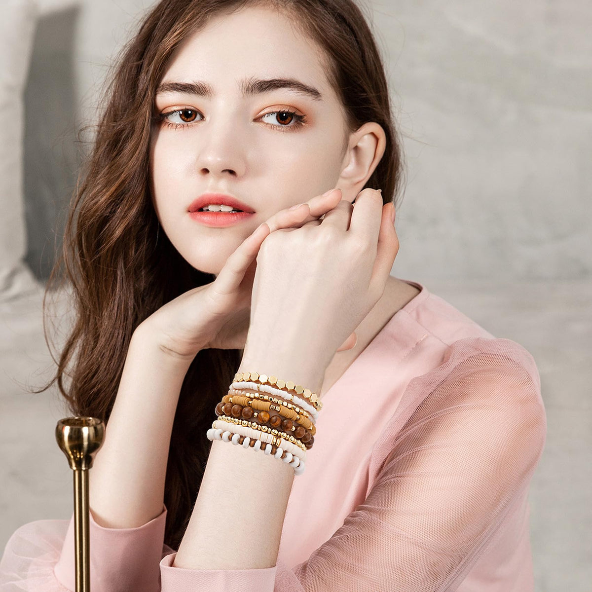 GOOJIDS Surfer Heishi Clay Bead Bracelets for Women Bohemian Stackable Gold Plated Beaded Stretch Bracelets Elastic Layering Friendship Brown Bracelets Set Boho Jewelry