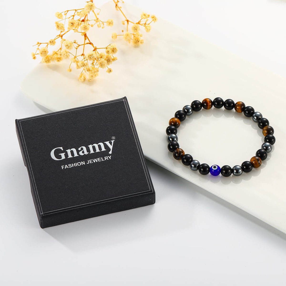 Gnamy Triple Protection Beaded Bracelet Gifts for Men, Tiger Eye Hematite Black Obsidian Evil Eye Bracelets Christmas Birthday Valentines Anniversary Healing Sobriety Jewelry Gifts for Husband Dad Boyfriend Brother Him