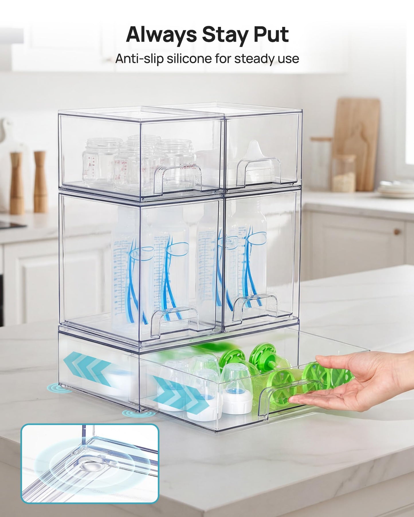 Vtopmart Stackable Storage Drawers Set of 5, Clear Plastic Organizer Bins for Baby Bottle, Beauty Supplies Storage, Ideal for Kichen Countertop, Vanity, Bathroom, Cabinet, Pantry Organization