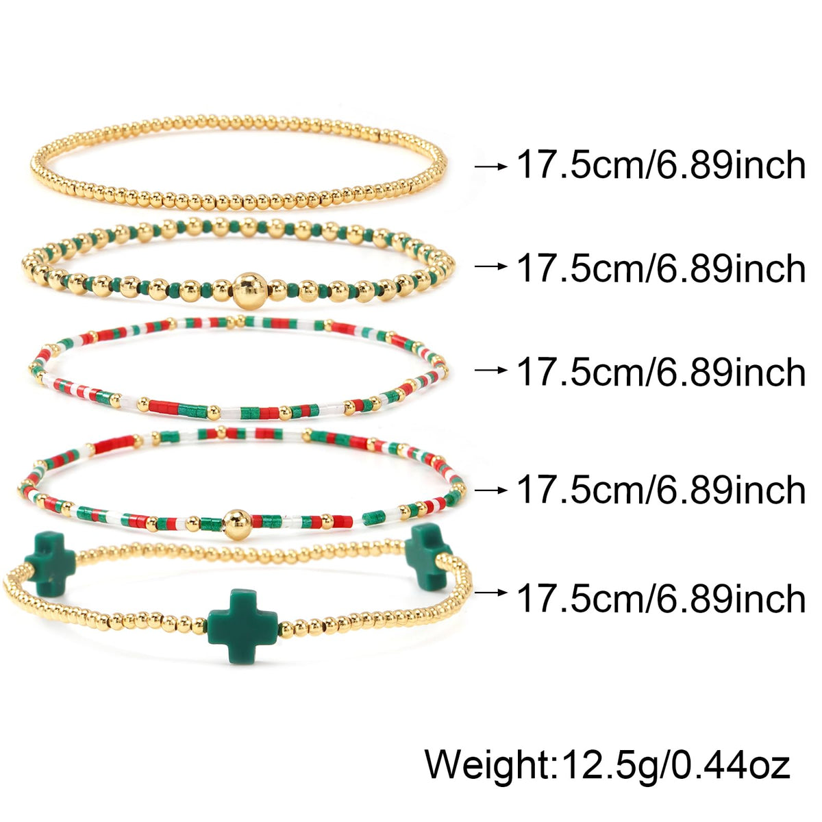 Bohxantium Christmas Bracelets Stack for Women Red Green White 14K Gold Plated Beaded Ball Stretch Stackable Small Seed Beads Cross Bracelet Trendy Jewelry Accessories Christian Friendship Xmas Gifts