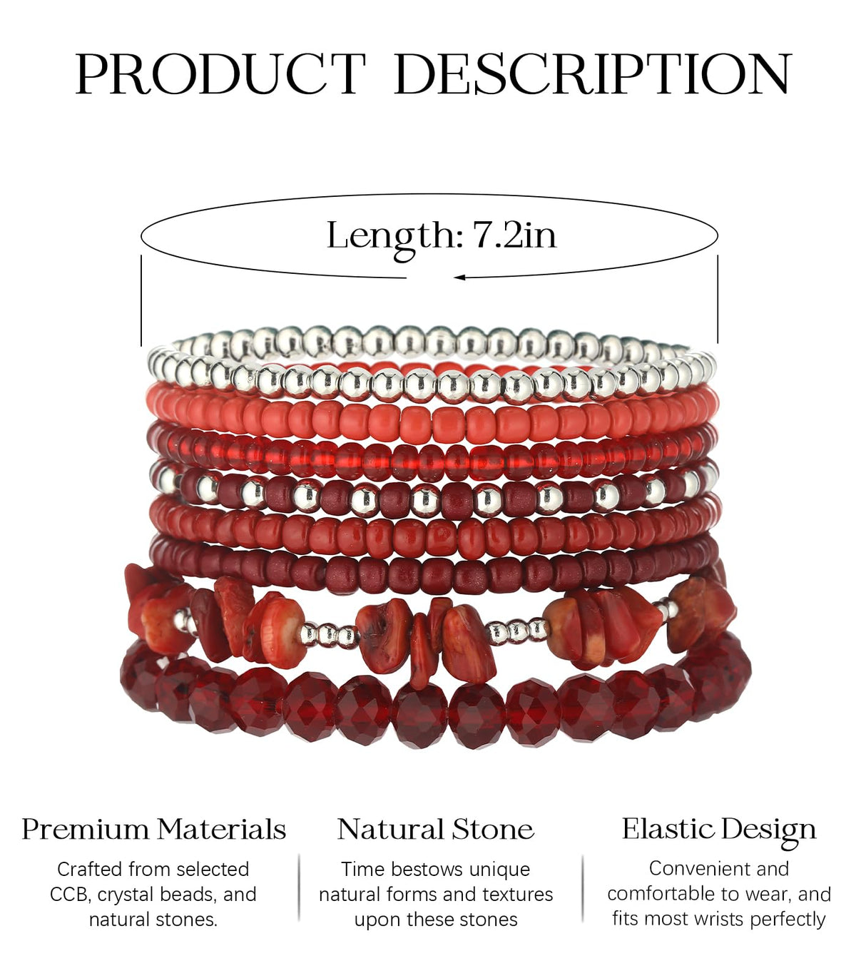 Noessla Boho Beaded Bracelets for Women Stackable Irregular Natural Stone Bead Stretch Bracelet Set 8PCS Costume Jewelry Gifts for Her(Red)