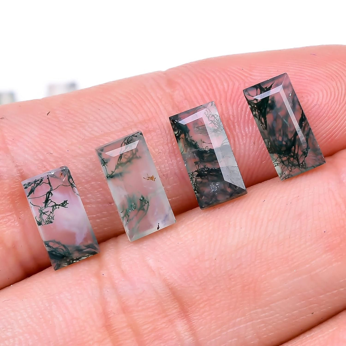GEMKORA 4pcs, 10x5x3mm Natural Moss Agate Long Rectangle Shape-Flat Step Cut Gemstone Wholesale Lot, Jewelry Making Loose Gemstone, Polished Minerals, DIY, Wire Wrapping, Healing Crystals, Bulk Deal