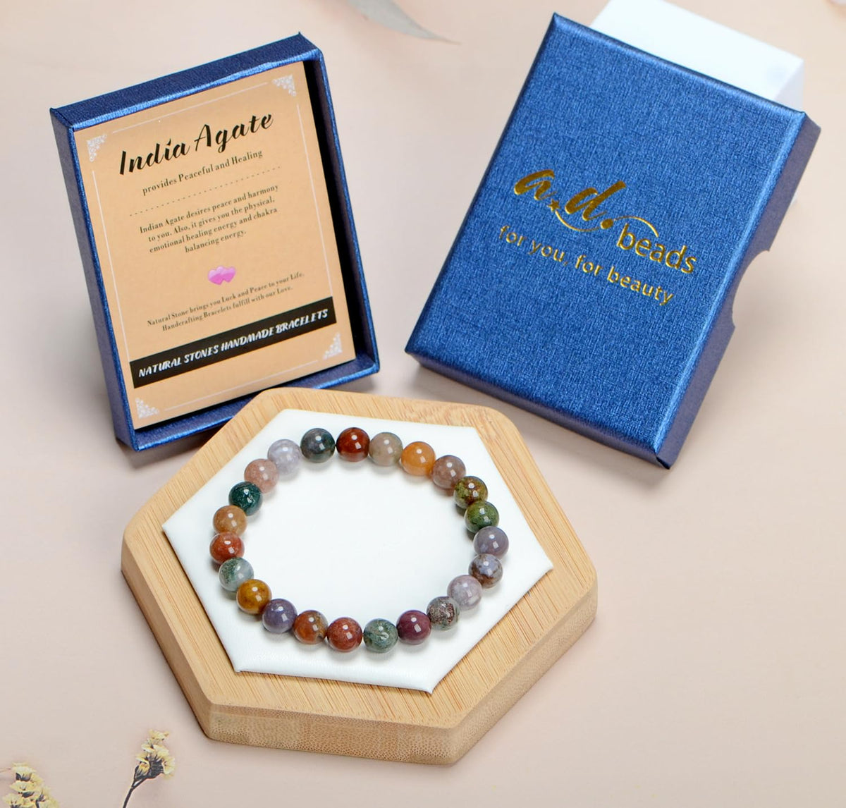 AD Beads Handmade Gemstone Stretch Elastic Bracelet Crystal Healing Reiki Nature's Beauty and Spiritual Essence Unisex (6mm, Indian Agate)