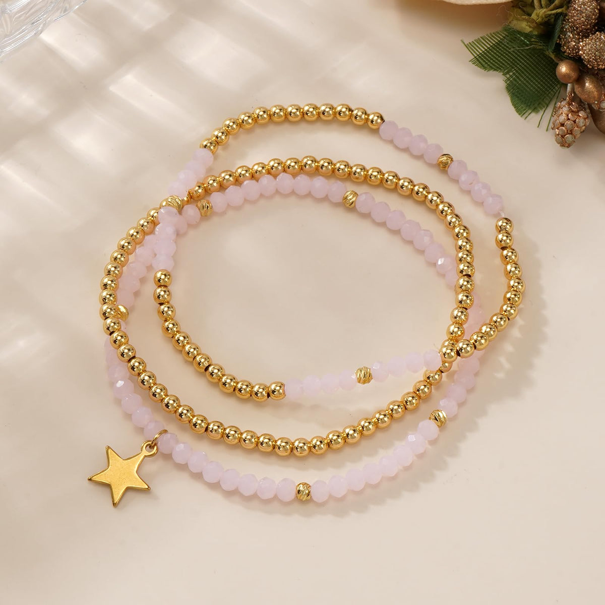 Bohxantium Gold Beaded Bracelets Stack for Women Boho Dainty 14K Gold Plated Beads Ball Pink Crystal Star Stackable Stretch Non Tarnish Colorful Elastic Trendy Jewelry Birthday Prom Friendship Gift