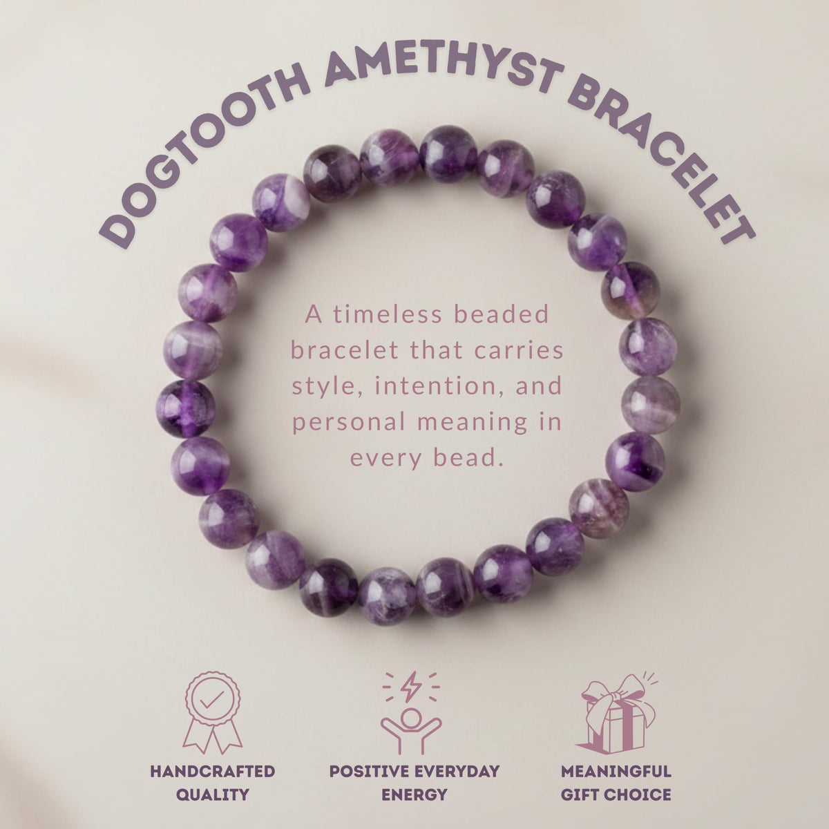 Cherry Tree Collection Dogtooth Amethyst Bracelet – Handmade 8mm Genuine Amethyst Beaded Bracelet for Men & Women – Healing, Protection & Positive Energy (Medium)