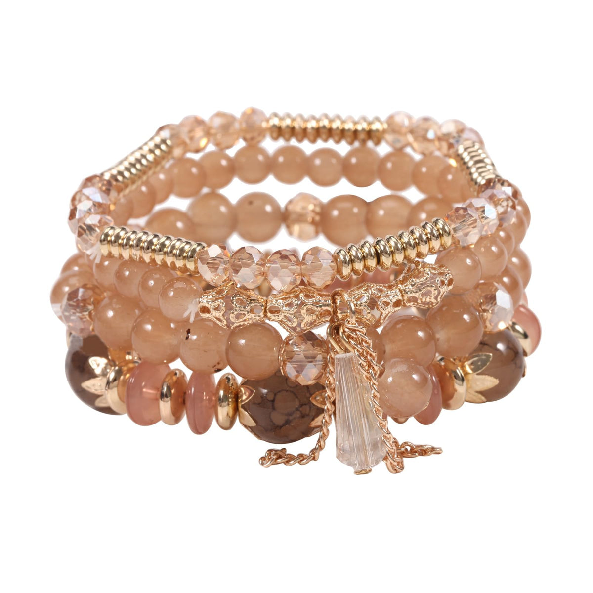 LOTSOF Bohemian Green Jade Stackable Bracelet Set - 4-Layer Stretch Beaded Bracelets with Gold Accents, Boho Jewelry for Women, Fashion Statement Accessory (Gift Ready) (Brown)
