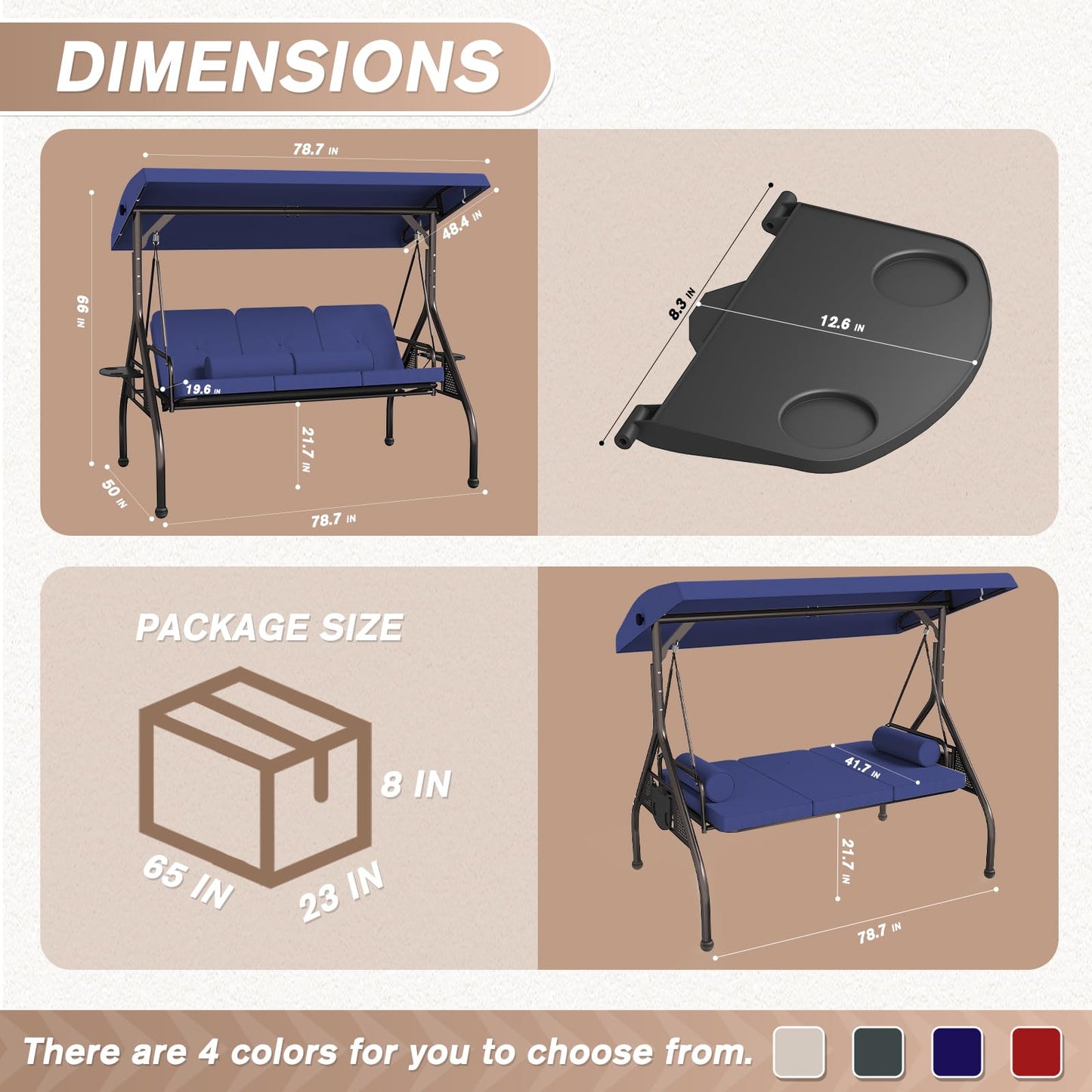 Patiomore 3 Seat Outdoor Porch Swing Bench, Adjustable Canopy Swing Chair, Convertible Backrest Swing Bed with Pillow & Cup Hold and Thicken Cushions, Dark Blue