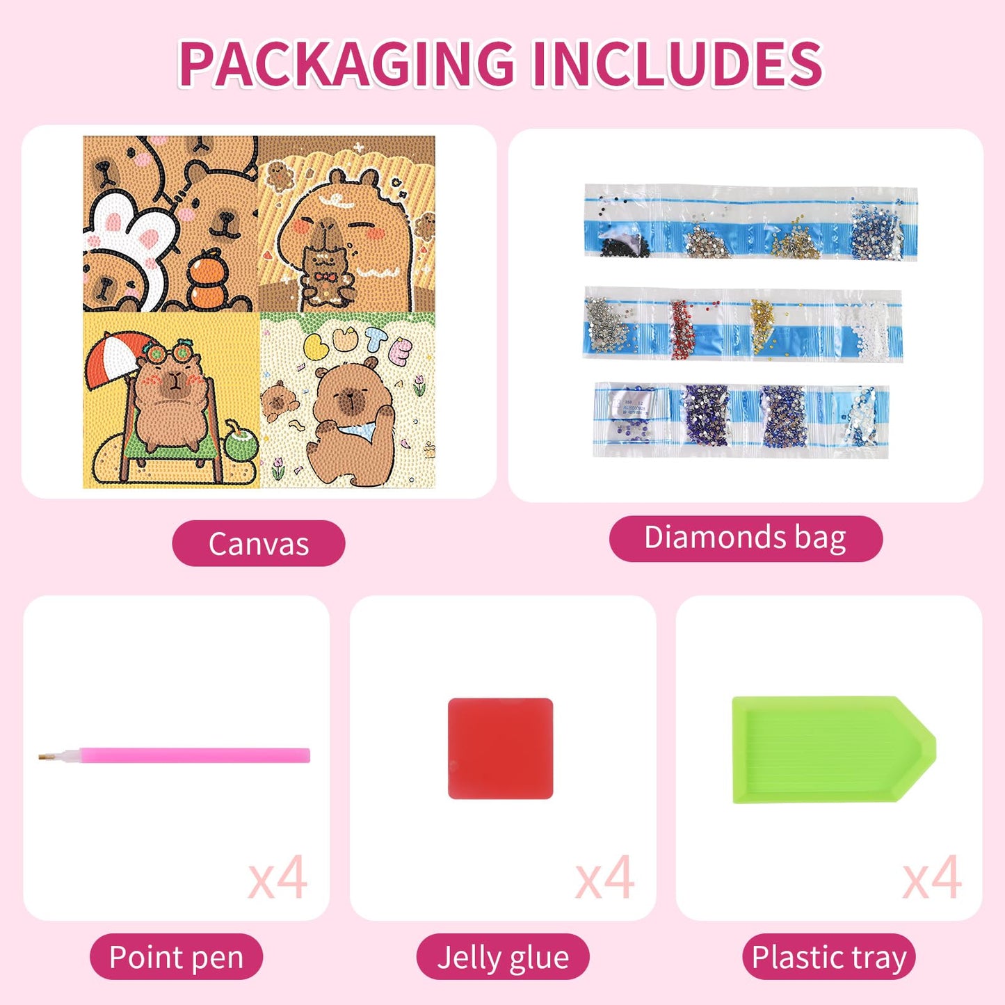 PERFECTSIGHT Cute 5D Diamond Art Kits, Kawaii DIY Painting Art for Adults Teen, 4 Pack Diamond Arts and Crafts Sets, Big Gem Full Drill Diamond Dots for Women (Capybara)