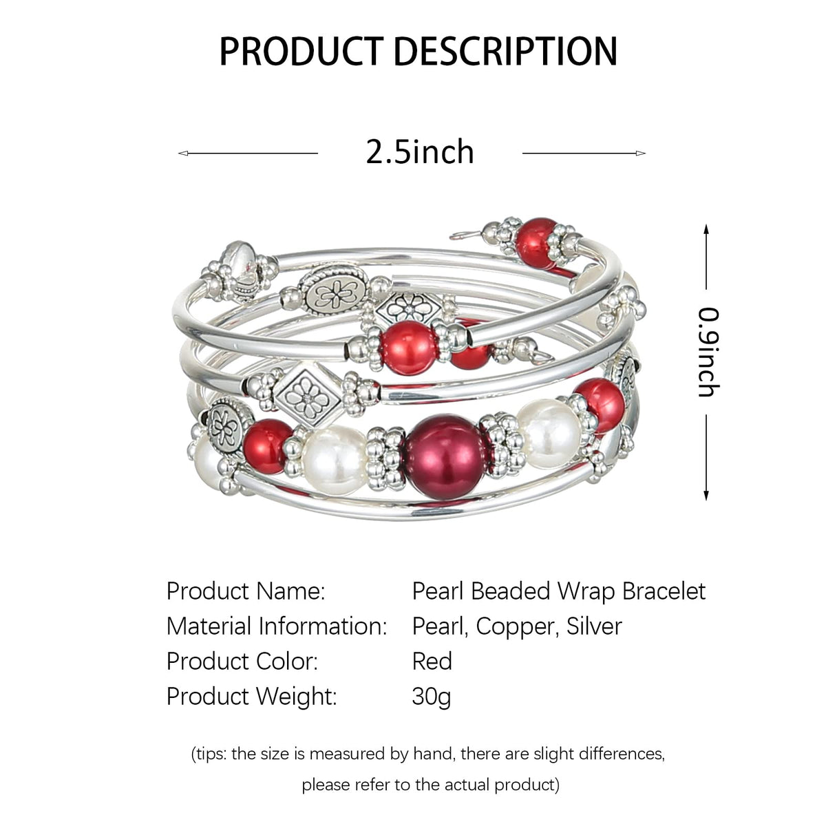FULU AUTUMN Beaded Pearl Bangle Bracelets for Women Silver Wrap Bangles Bracelet Womens Costume Jewelry Fashion Gift(18-Red)