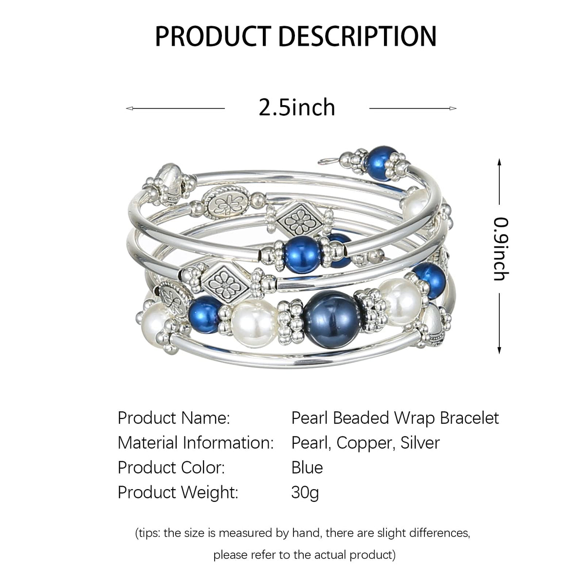FULU AUTUMN Beaded Pearl Bangle Bracelets for Women Silver Wrap Bangles Bracelet Womens Costume Jewelry Fashion Gift(18-Blue)