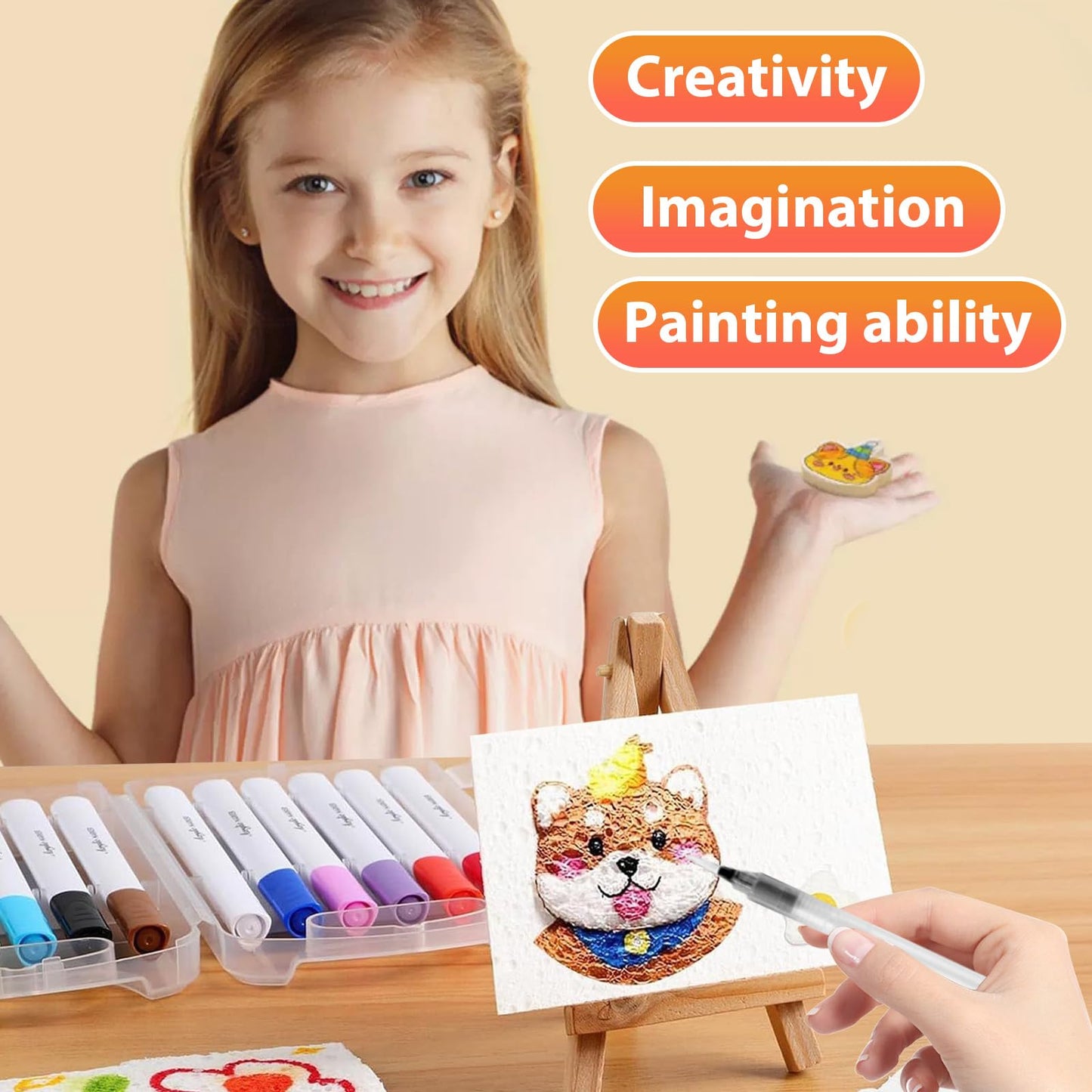Wanbeiooray 44 Pcs Magic 3D Foam Art Kit with Including 24 Color Acrylic Paint Pens, 30 Foam Texture Paper, 10 Beaded Chains and 1 Mini Display Easel