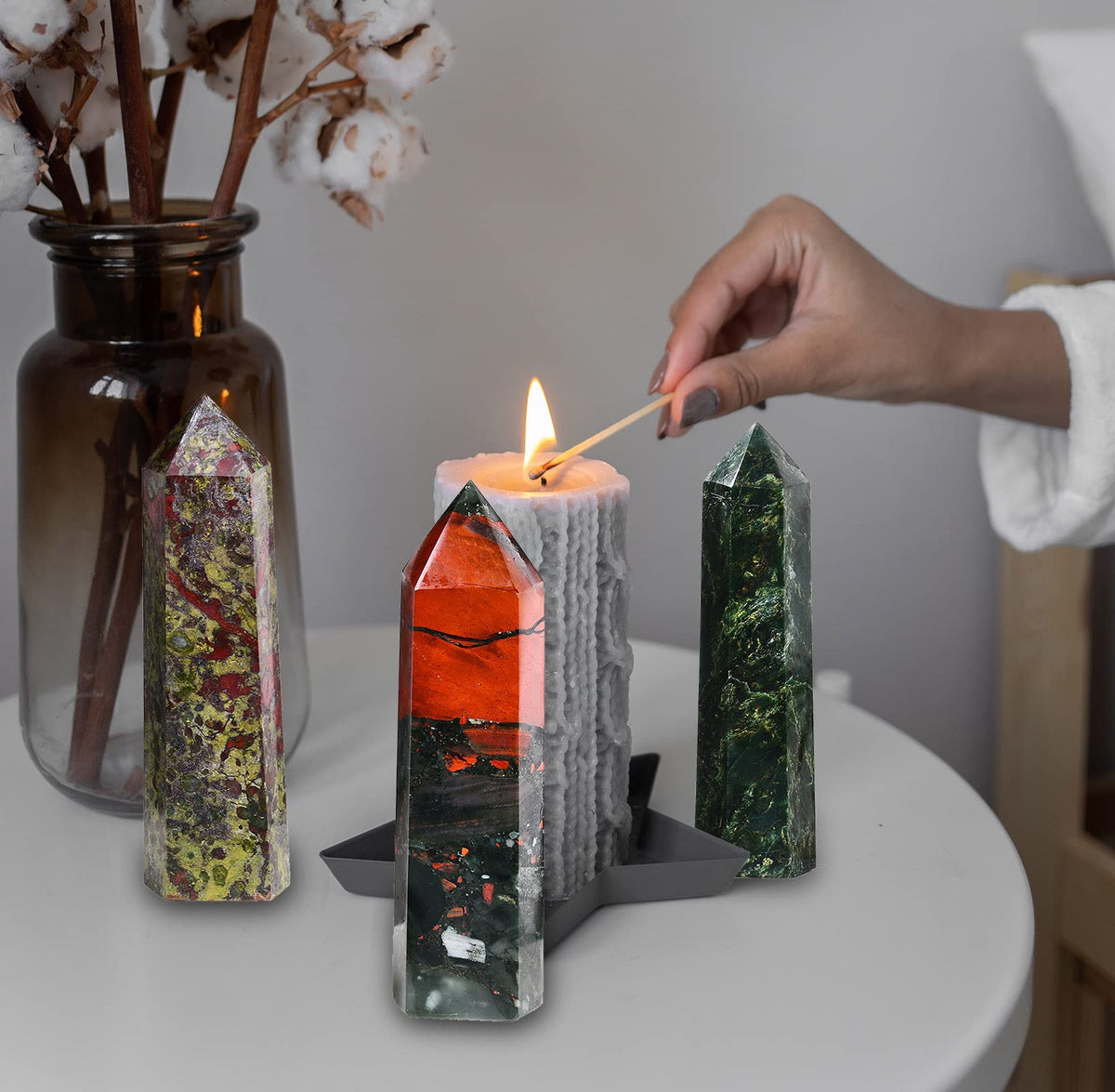 AMOYSTONE Large Crystal Obelisk Emerald Quartz Tower Green Healing Crystal Wand Point 6 Faceted Reiki Meditation Stone 2.2-2.6 LBS