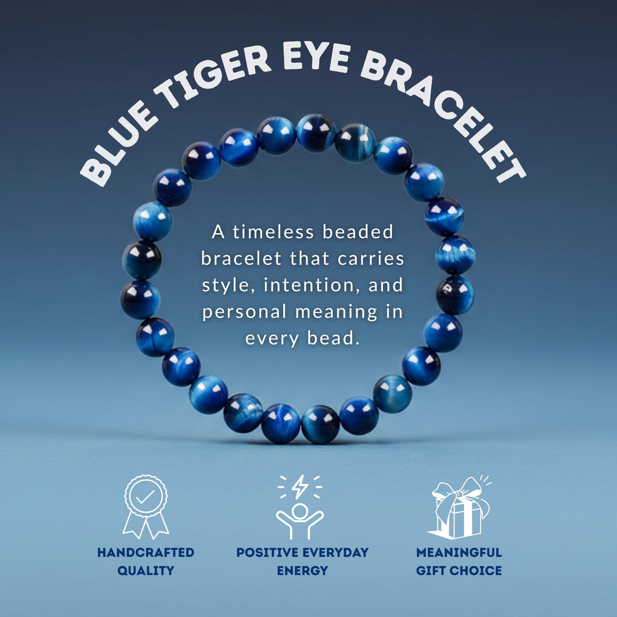 Cherry Tree Collection β Handmade Crystal Beaded Stretch Bracelets with Jade Blue Tiger's Eye for Women & Men - 8mm Round Gemstone for Protection, Balance & Luck - Medium