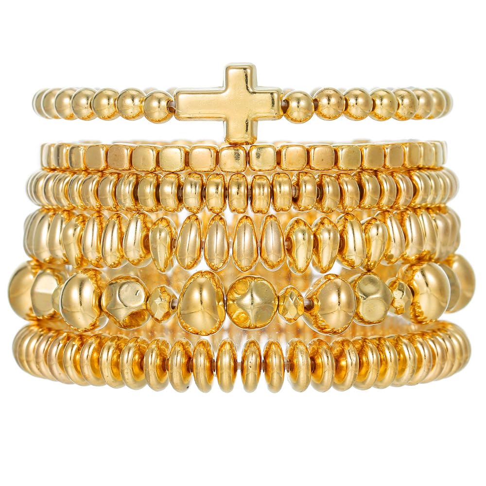 LXSSLY 5Pcs Gold Bead Bracelets Set for Women,14K Gold Plated Stackable Bead Ball Bracelets Set,Adjustable Chunky Bangles Bracelets,Boho Stretch Bead Ball Bracelet for Women (6Gold4)