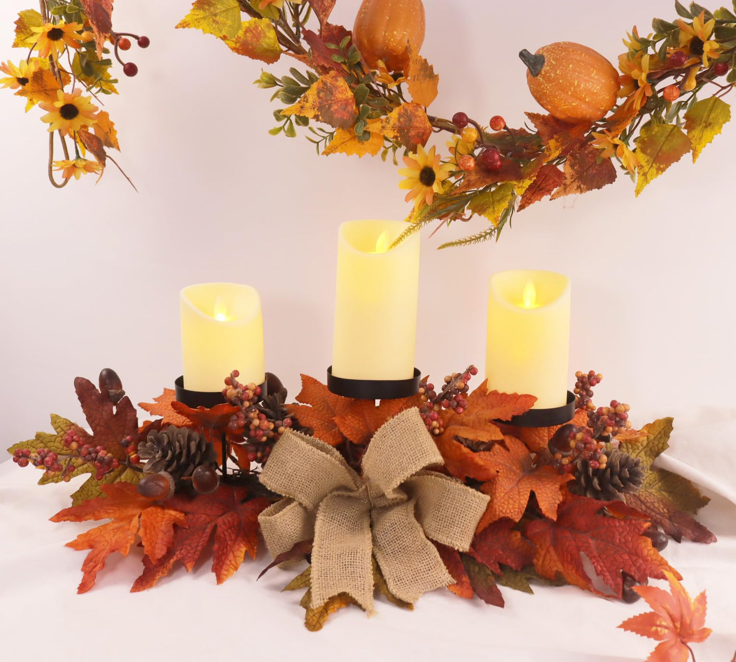 Fall Candle Holder Centerpiece with Maple Leaves, Pinecones, Berries & Burlap Bow,Thanksgiving Table Centerpiece Decoration for Dining Table, Mantel & Autumn Harvest Home Décor