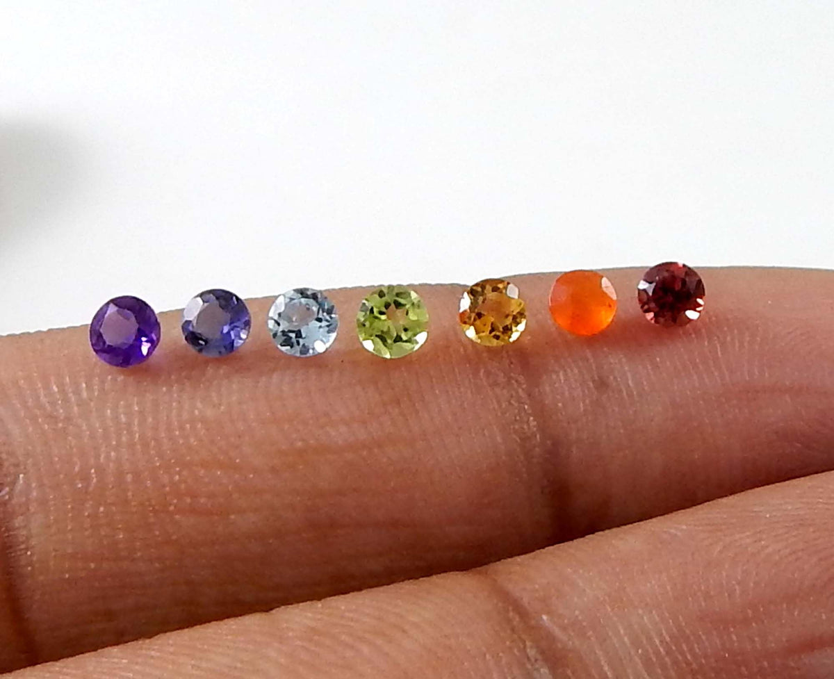 Myhealingworld Natural Amethyst Iolite Blue Topaz Peridot Citrine Carnelian and Garnet 3mm round faceted brilliant cut 7 chakra AAA quality loose calibrated gemstones for jewelry making (BOX 1 - (Round 3mm = 7 Stones)