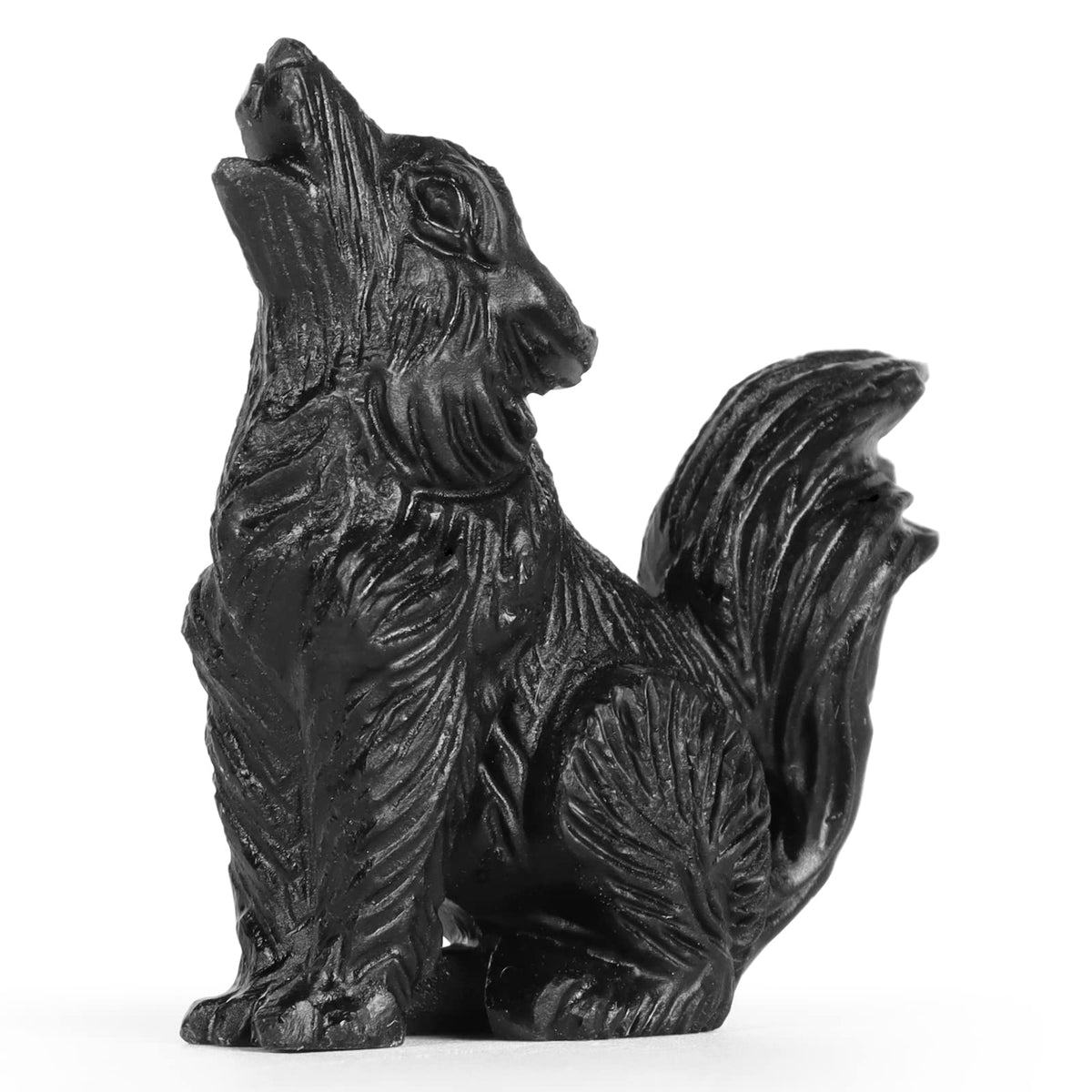 LEADGEM 2.0" Black Obsidian Big Tail Wolf Figurine Healing Crystal Stone Statue Carved Sculpture Paperweight Ornaments Fengshui Home Office Decor Gifts