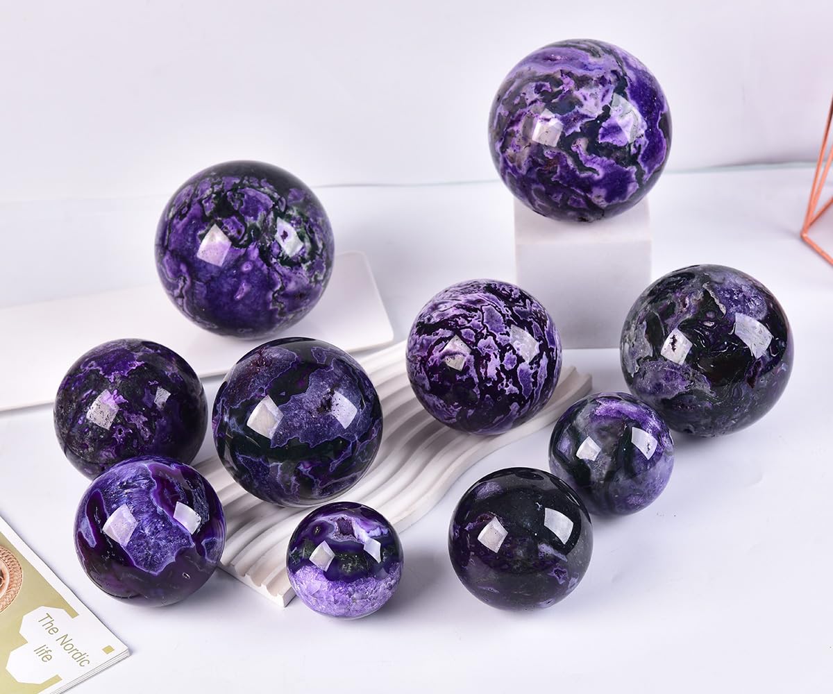 JIC Gem 2.7-3.1 inch(70-80mm) Large Purple Moss Agate Crystal Sphere Quartz Crystal Ball with Stand Healing Ornament Witchcraft Meditation Decor
