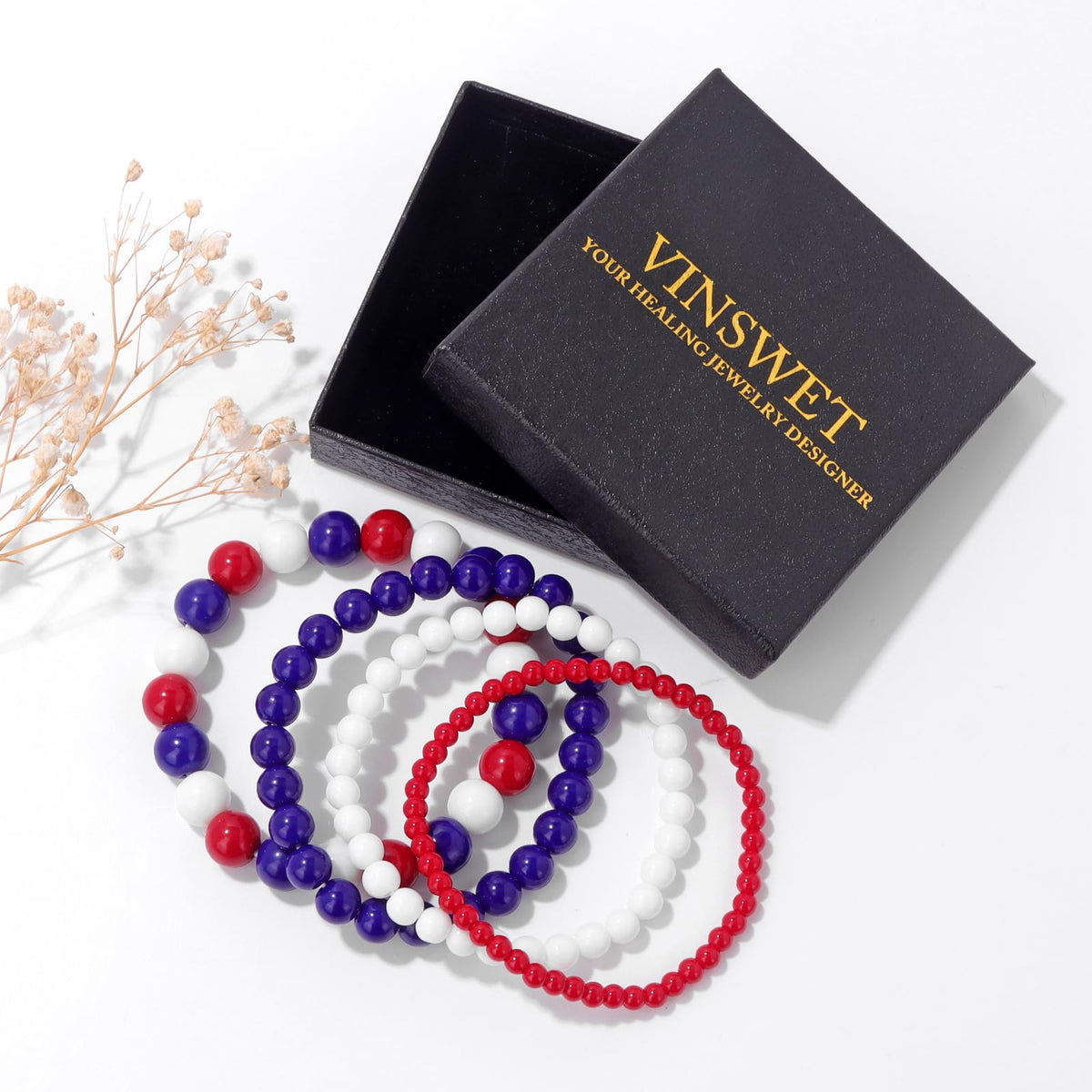 Vinswet 4pcs Beaded Bracelets for Women,Natural Healing Crystal Gemstones Bracelet,Anxiety Stress Relief Bracelet Handmade purple Jewelry Gifts for Women (Red Porcelain&White Porcelain&Green Porcelain)