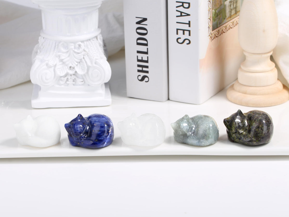 QINJIEJIE Cat Decor Statue White Labradorite Crystal Healing Stone Figurine Decor Polished Gemstones Cute Kitten Gifts Stocking Stuffers Home Office Desk Decor Cats Gifts for Cat Lover 1.6"