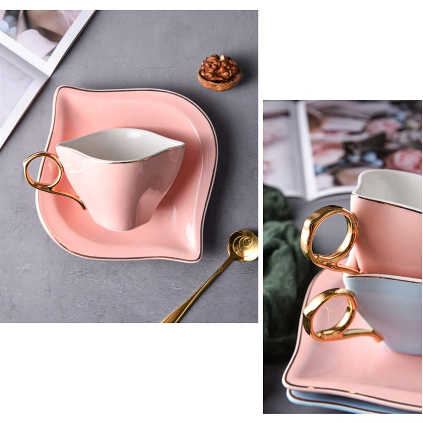 xiyouya 6-Piece Porcelain Ceramic Coffee Tea, Cups & Saucer Service Include 6 Cup,6 ,6 Teaspoons and Display Stand ,200ml/6.8oz(B)