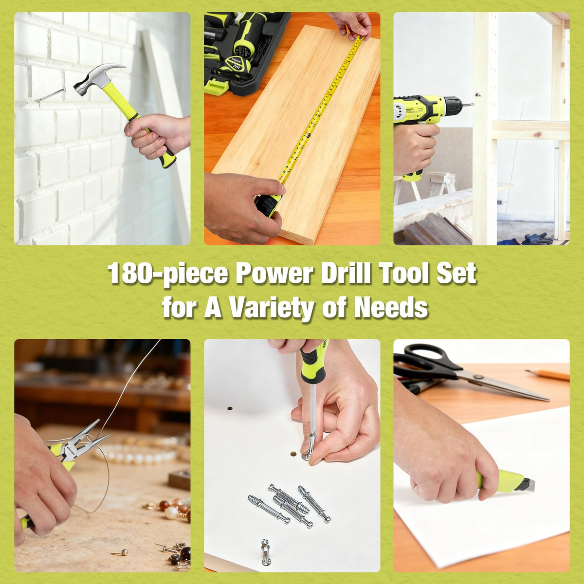 KITLUCK Power Drill Set, 180Pcs Home Hand Tool Kit with 8V Drill, Portable Tool box Kit with Screwdriver, Plier, Wrench, Socket, Harmer, Household Cordless Drill Set for Men Women Home