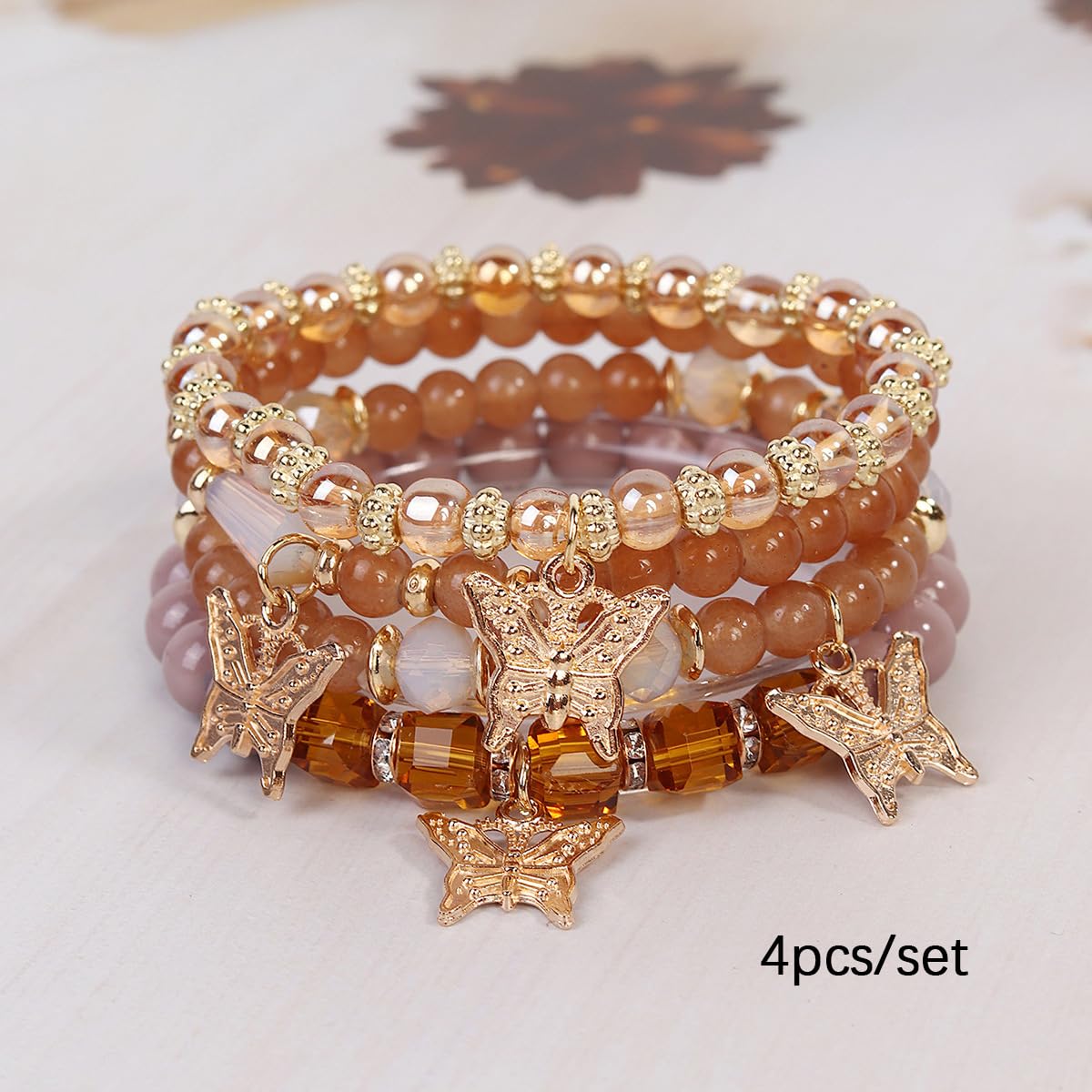 LOTSOF Boho Flower Beaded Bracelet Set for Women - Multilayer Crystal & Flower Charm Stackable Bracelets, Fashion Jewelry Gift for Her (Coffee Butterfly)