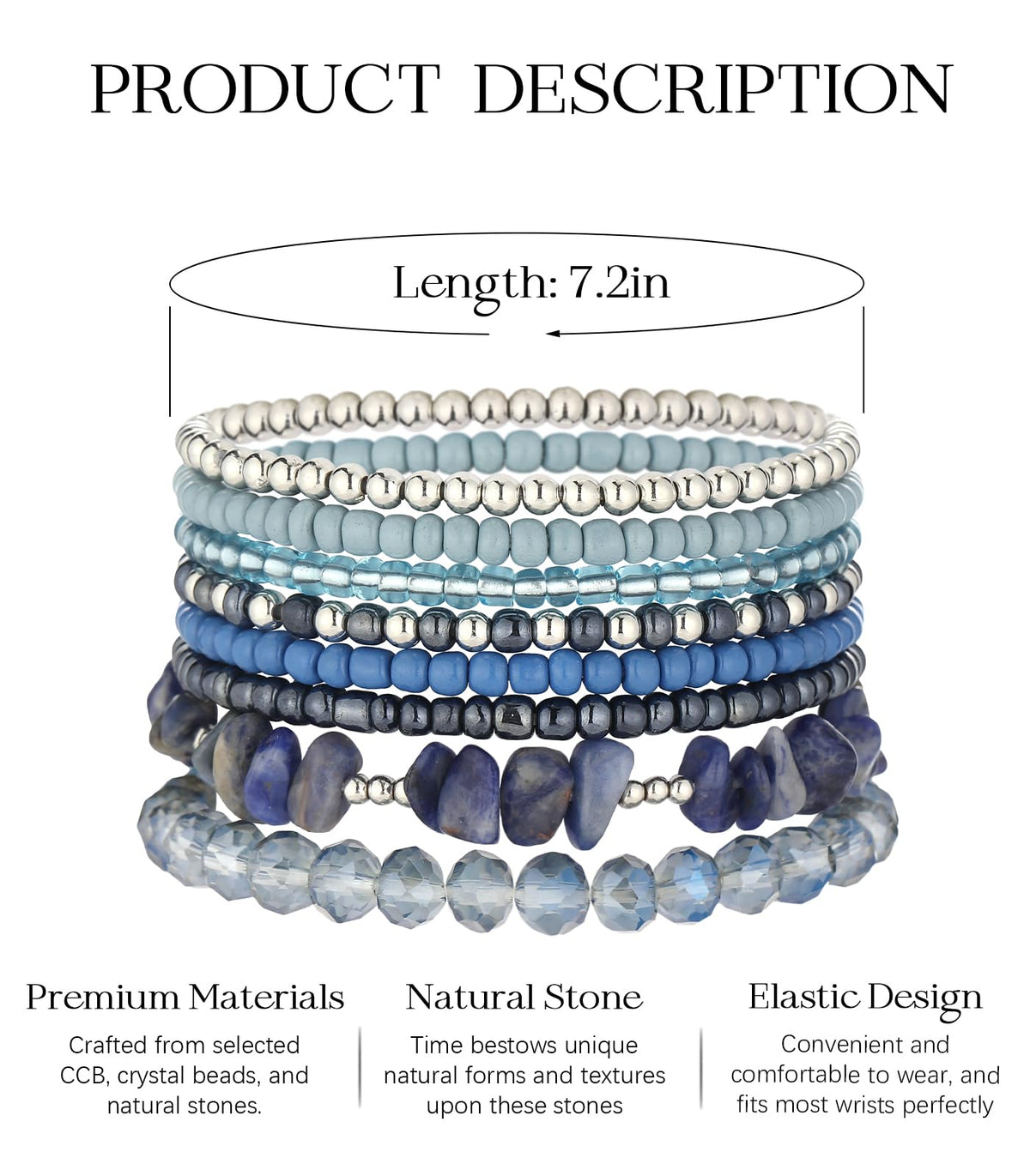 Noessla Boho Beaded Bracelets for Women Stackable Irregular Natural Stone Bead Stretch Bracelet Set 8PCS Costume Jewelry Gifts for Her(Navy Blue)