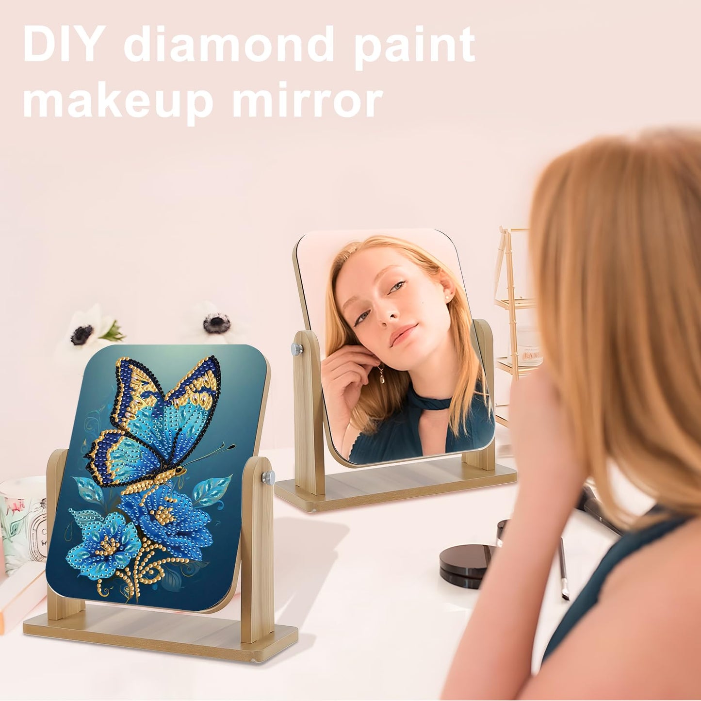 Diamond art Painting Flip Mirror,DIY Butterfly and flowers Rotatable Mirror , 5D Special Shape Diamond Wooden Material Desktop Decor Vanity Mirror Kit, Unique decoration of the desktop in the room