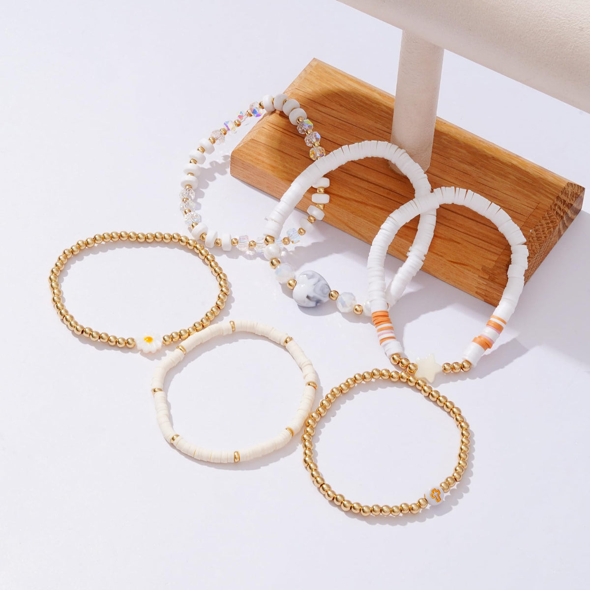 RISHEGAE Heishi Beaded Stretch Bracelets for Women Stackable Gold Polymer Clay Beads Bracelet Friendship Boho Summer Beach Bracelets Jewelry Set (D-Star Cross)