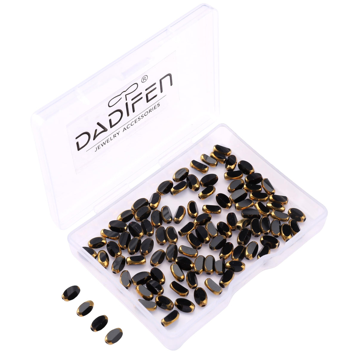 DADIFEN Glass Rice Beads Black 4x6mm 50pcs Faceted Oval Golden Edge Crystal Loose Beads for DIY Craft Jewelry Making