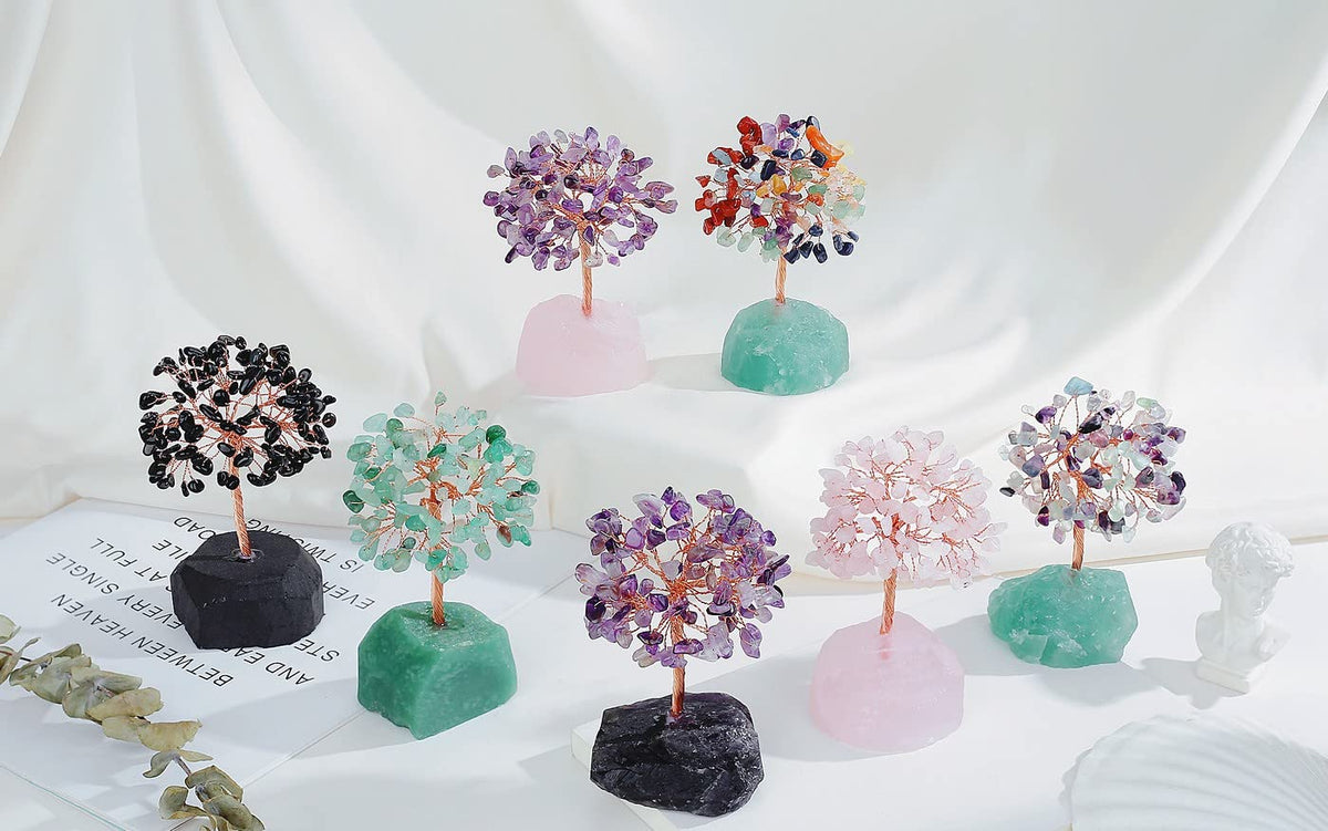 QINJIEJIE Black Obsidian Crystal Tree Healing Crystals Natural Stone Base Gemstone Tree Copper Wire Chakra Tree Life Tree Luck Tree Energy Desk Decor Spiritual Gift Meditation