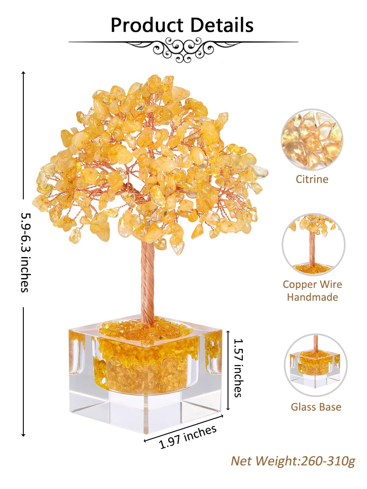 Jovivi Large Crystal Tree with Square Glass Base, Citrine Healing Crystals Tree Life Natural Chipped Gemstone Money Trees Feng Shui Good Luck Positive Energy Yellow Home Desk Decor