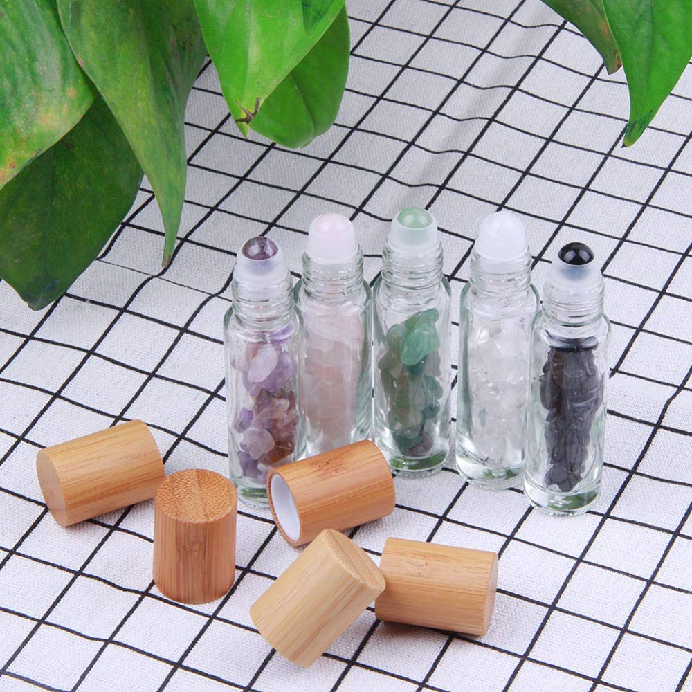 Constore 5 PCS 10ML Gemstone Roller Bottles,Refillable Roll On Bottles with Bamboo Lids Healing Crystal Chips Inside for Perfumes Aromatherapy Oils