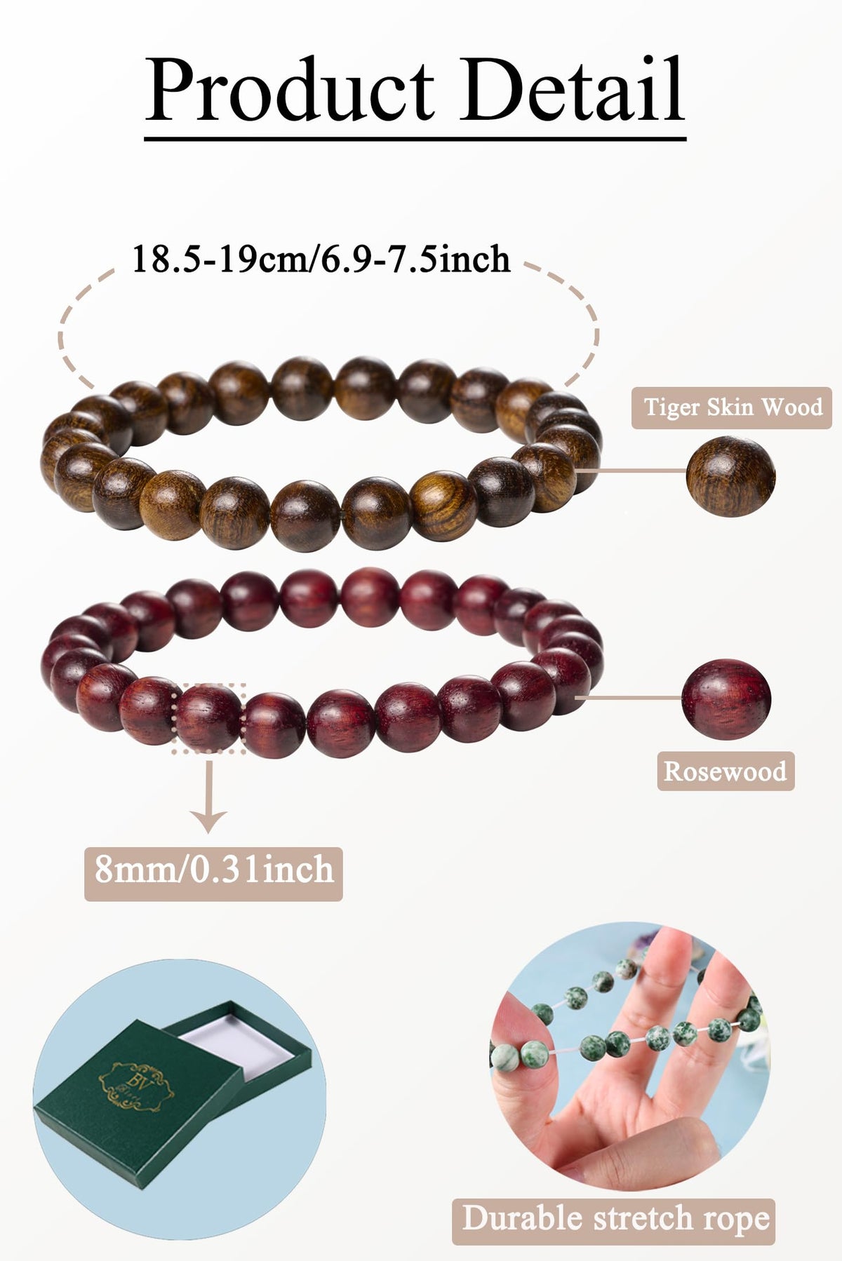 Bivei Natural Gemstone Semi Precious Crystals Handmade Stretchy Round Beads Bracelet, Enhance Positive Energy,Stocking Stuffers for Women(Tiger Skin Wood & Rosewood (Prayer Beads) Medium)