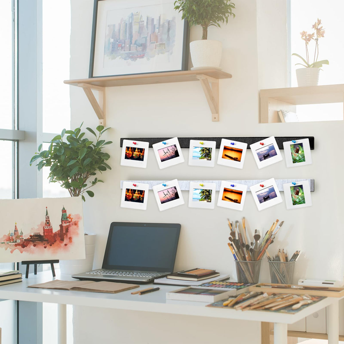 Mooliwe 4 Pcs 48" x 1" Felt Cork Bulletin Bar Strips for Wall, Self-Adhesive Notice Board Strips, Wall Decor for Notes, Photos, Schedules, Office & Home Use (Silver Black White Grey)